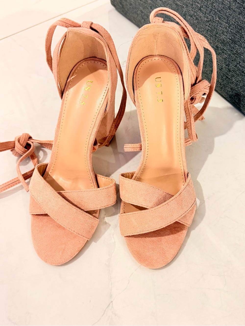 Suede Lace-Up Heeled Sandals in Blush Pink
